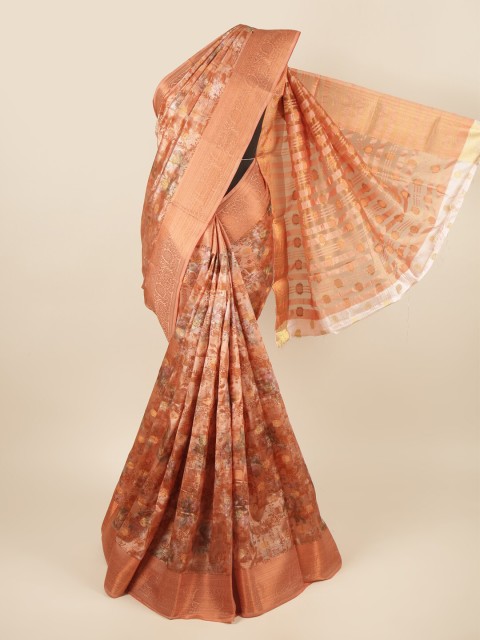 

Pothys Orange & Copper-Toned Floral Printed Zari Art Silk Saree
