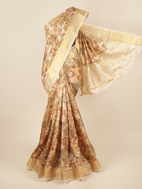 

Pothys Cream-Coloured & Gold-Toned Floral Printed Zari Art Silk Saree