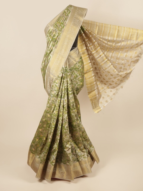 

Pothys Green & Gold-Toned Floral Printed Zari Art Silk Saree