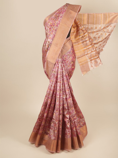 

Pothys Pink & Gold-Toned Floral Printed Zari Art Silk Saree