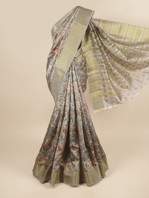 

Pothys Grey & Gold-Toned Floral Zari Art Silk Saree
