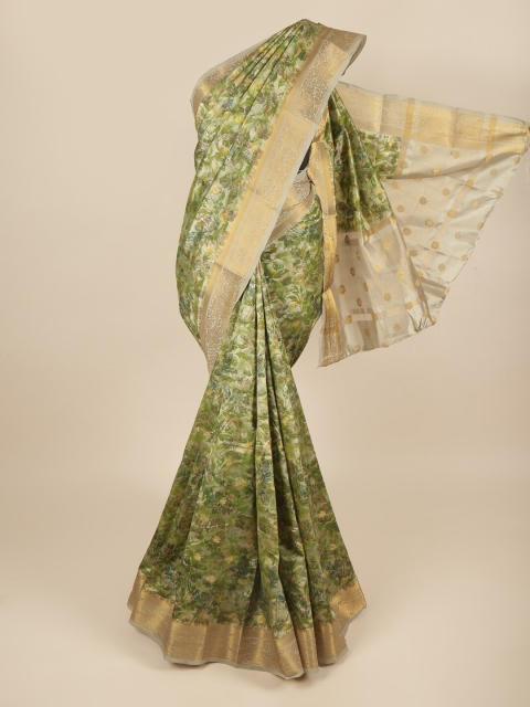 

Pothys Green & Gold-Toned Floral Printed Zari Art Silk Saree