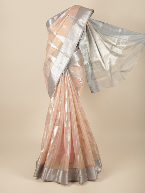 

Pothys Peach-Coloured & Grey Woven Design Zari Saree