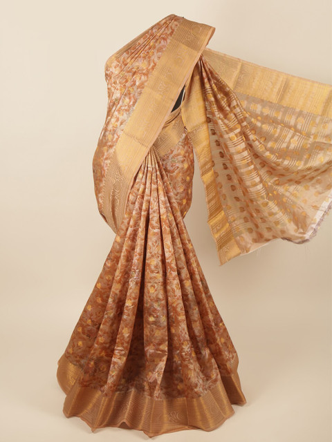 

Pothys Gold-Toned & Brown Floral Printed Zari Art Silk Saree