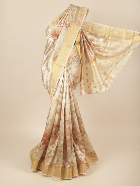 

Pothys Cream-Coloured & Gold-Toned Floral Zari Art Silk Saree