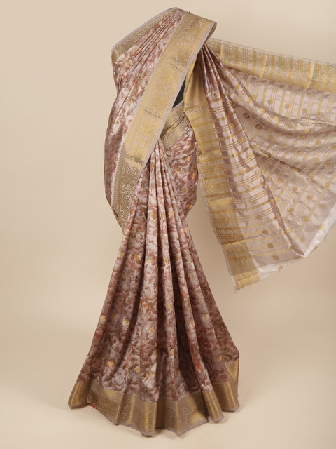 

Pothys Grey & Gold-Toned Floral Printed Zari Art Silk Saree