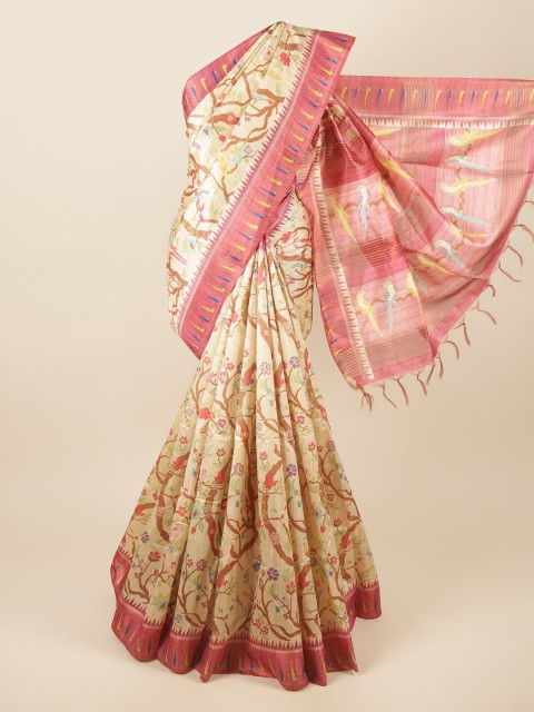 

Pothys Cream-Coloured & Pink Floral Art Silk Saree
