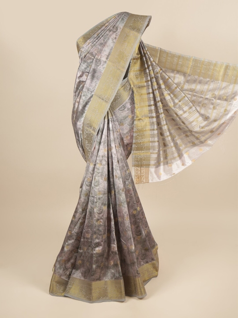

Pothys Grey & Gold-Toned Floral Printed Zari Art Silk Saree