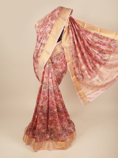 

Pothys Pink & Gold-Toned Floral Printed Zari Art Silk Saree
