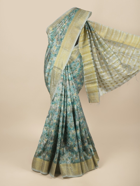 

Pothys Blue & Gold-Toned Floral Printed Zari Art Silk Saree