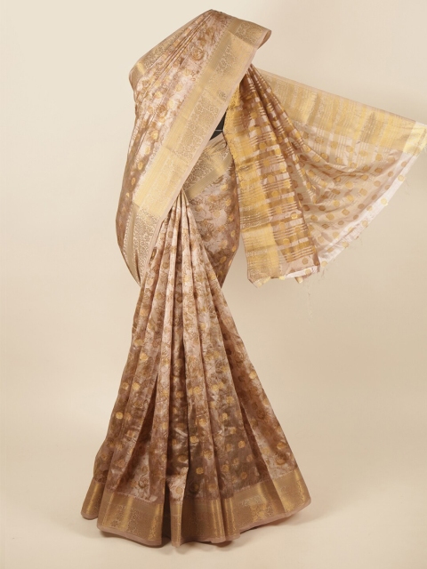 

Pothys Cream-Coloured & Brown Floral Printed Zari Art Silk Saree