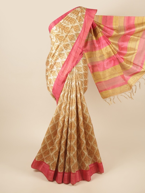 

Pothys Cream-Coloured & Pink Floral Art Silk Saree