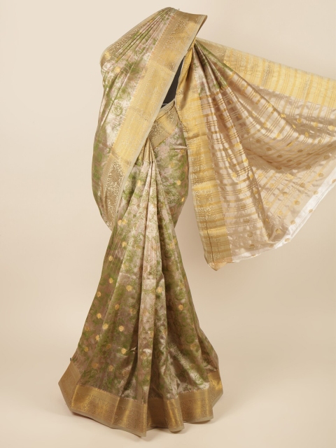 

Pothys Green & Gold-Toned Floral Printed Zari Art Silk Saree