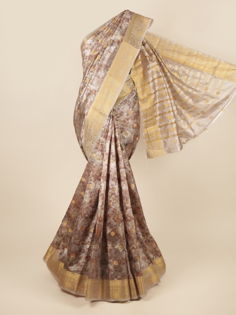 

Pothys Grey & Gold-Toned Floral Printed Zari Art Silk Saree