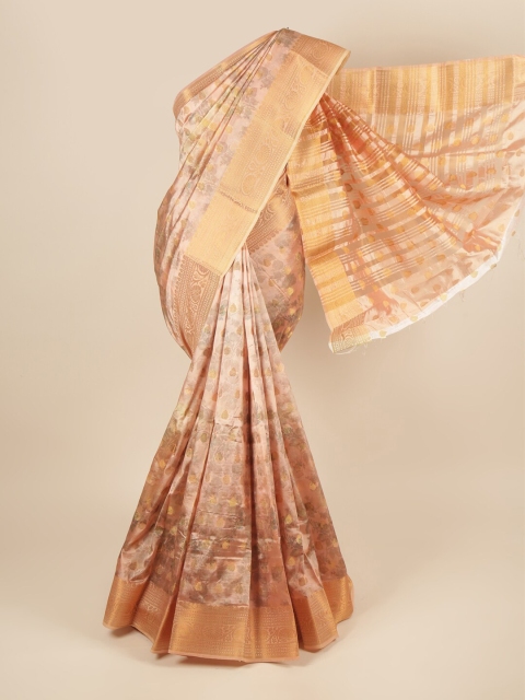 

Pothys Peach-Coloured & Gold-Toned Floral Printed Zari Art Silk Saree