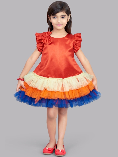 

Pink Chick Girls Red & Yellow Colourblocked Satin Drop-Waist Dress