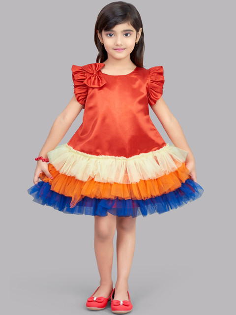 

Pink Chick Girls Red & Yellow Colourblocked Satin Drop-Waist Dress