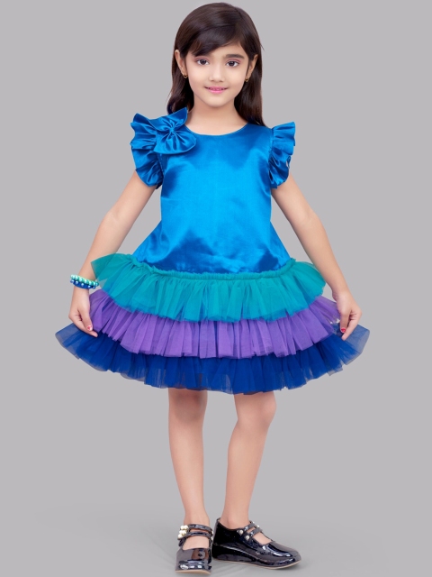 

Pink Chick Girls Blue & Green Colourblocked Layered Satin A-Line Dress