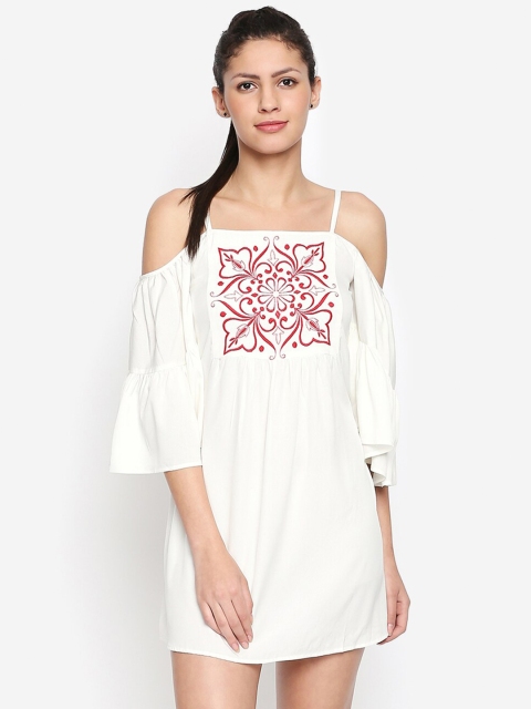 

aaliya White & Red Floral Embroidered Crepe A-Line Mini Dress