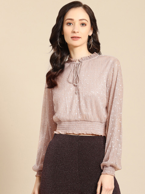 

COVER STORY Peach-Coloured & Silver Tie-Up Neck Self Design Blouson Top