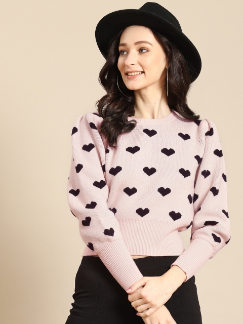 

COVER STORY Women Pink & Black Heart Patterned Sweater