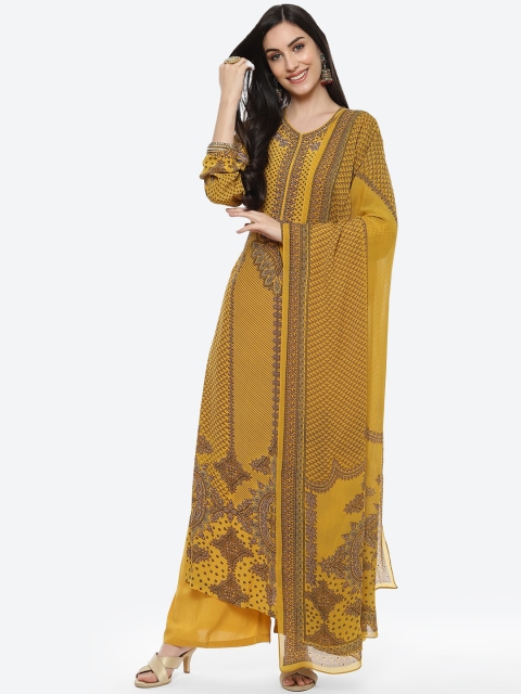 

Meena Bazaar Women Mustard Yellow Ethnic Motifs Printed Kurta with Palazzos & Dupatta