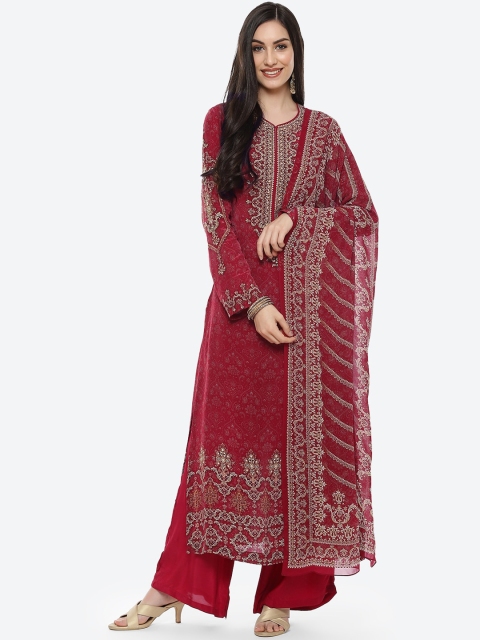 

Meena Bazaar Women Maroon Ethnic Motifs Printed High Slit Silk Crepe Kurta with Palazzos & With Dupatta