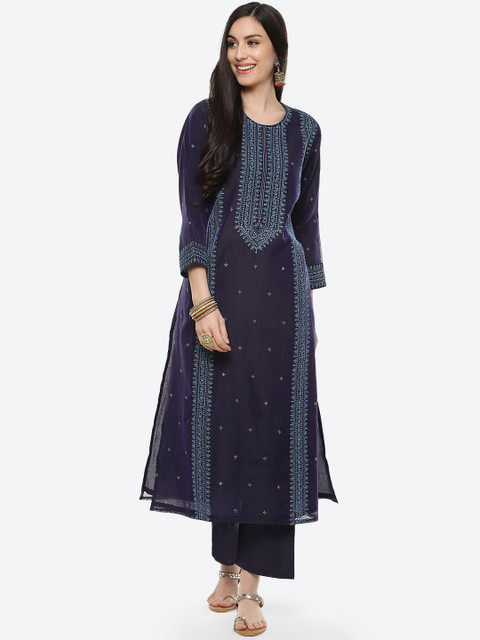 

Meena Bazaar Women Navy Blue Printed High Slit Kurta with Trousers & With Dupatta