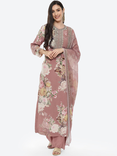 

Meena Bazaar Women Pink Floral Printed Silk Crepe Top with Palazzos & With Dupatta