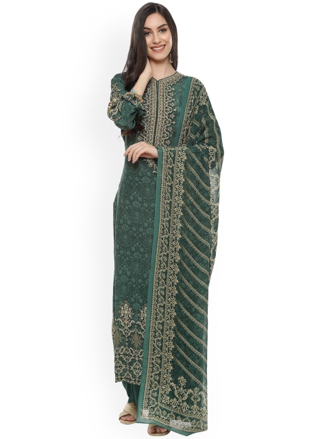 

Meena Bazaar Women Green Bandhani Striped Panelled Silk Crepe Kurti with Trousers & With Dupatta