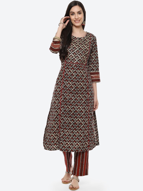 

Meena Bazaar Women Black Printed Pleated Pure Cotton Kurti with Trousers