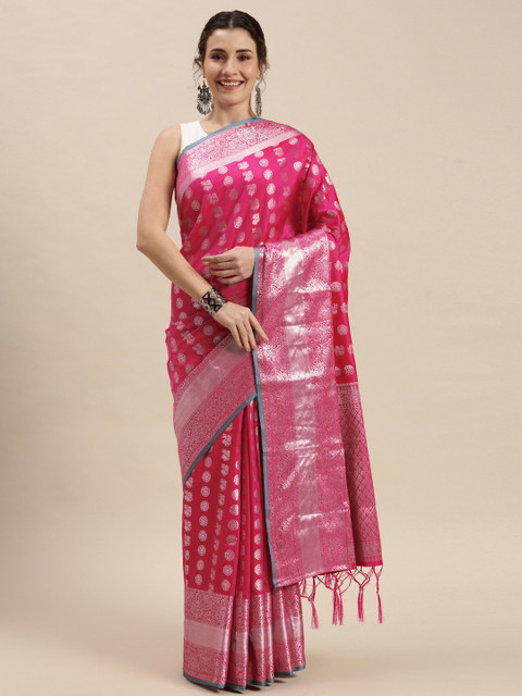 

Mitera Pink & Silver Ethnic Motifs Woven Silk Blend Saree