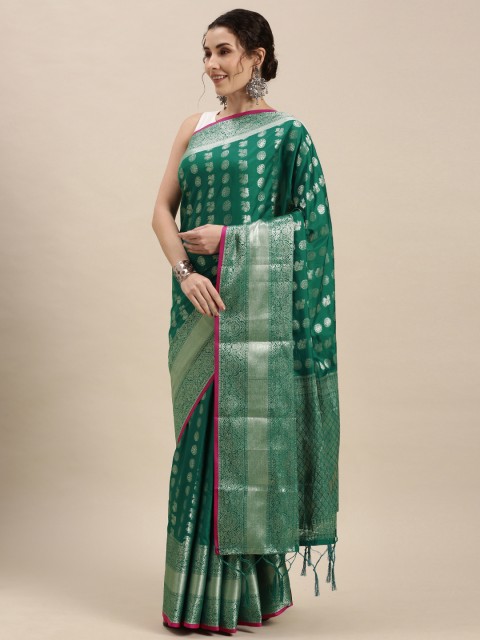 

Mitera Green & Silver Ethnic Motifs Silk Blend Saree
