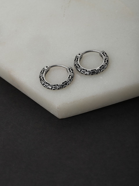 

Carlton London Oxidised Silver-Toned & Black Tribal Design Circular Hoop Earrings