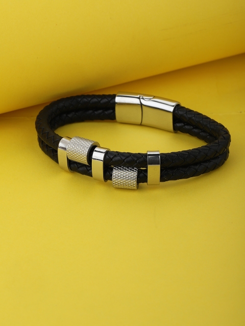 

Carlton London Men Black Silver-Plated Stainless Steel & Leather Cuff Bracelet