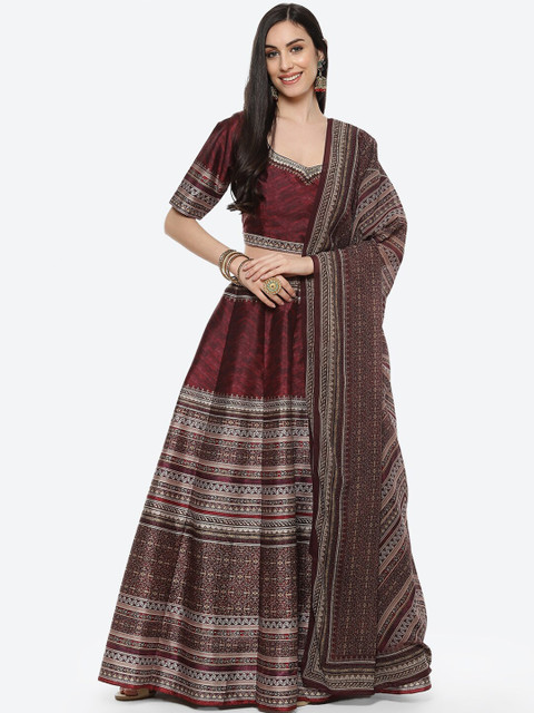 

Meena Bazaar Maroon & Gold-Toned Printed Ready to Wear Lehenga & Blouse With Dupatta