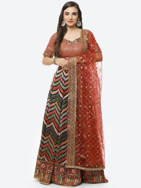 

Meena Bazaar Navy Blue & Red Embellished Sequinned Ready to Wear Lehenga & Blouse With Dupatta