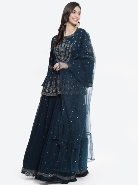 

Meena Bazaar Blue Embroidered Mirror Work Ready to Wear Lehenga & Blouse With Dupatta