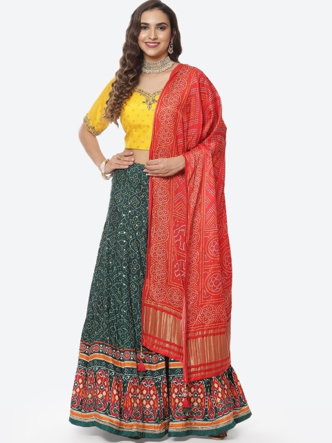 

Meena Bazaar Green & Yellow Embroidered Ready to Wear Lehenga & Blouse With Dupatta