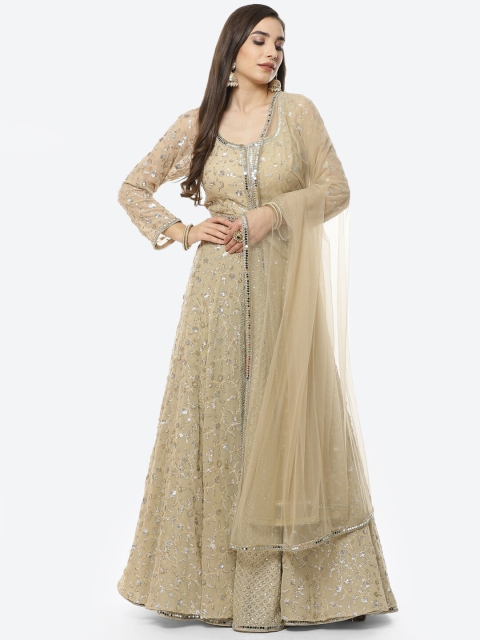 

Meena Bazaar Beige & Silver-Toned Embroidered Beads and Stones Ready to Wear Lehenga & Blouse With Dupatta