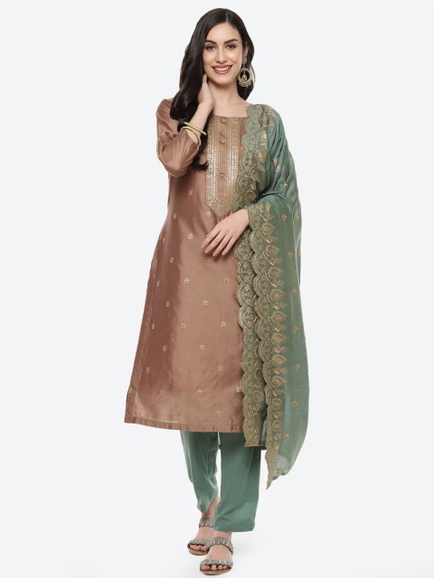 

Meena Bazaar Women Brown & Green Embroidered Unstitched Chanderi Dress Material
