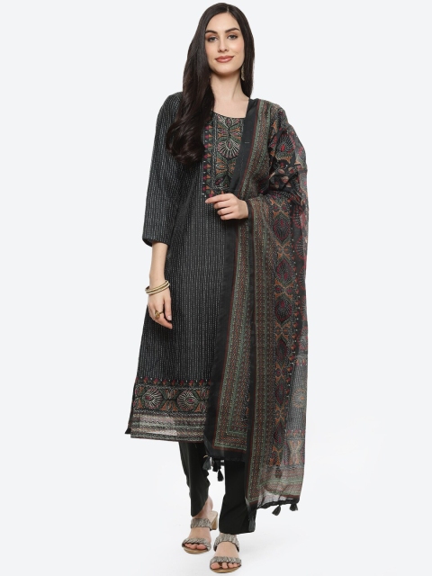 

Meena Bazaar Green Printed Unstitched Chanderi Dress Material With Printed Dupatta