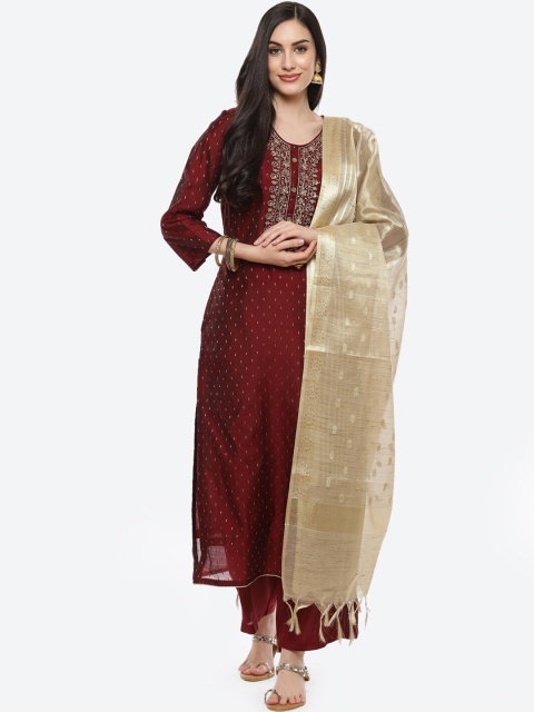 

Meena Bazaar Maroon & Gold-Toned Embroidered Unstitched Dress Material