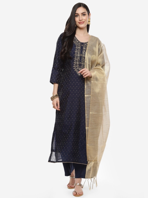 

Meena Bazaar Women Navy Blue & Gold Ethnic Motifs Unstitched Dress Material