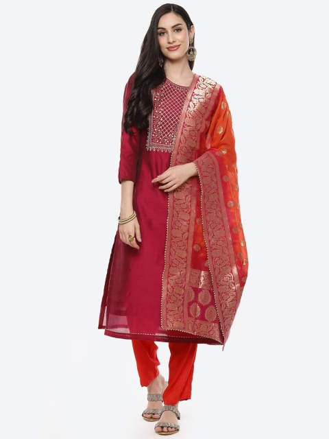 

Meena Bazaar Magenta & Orange Embroidered Unstitched Dress Material