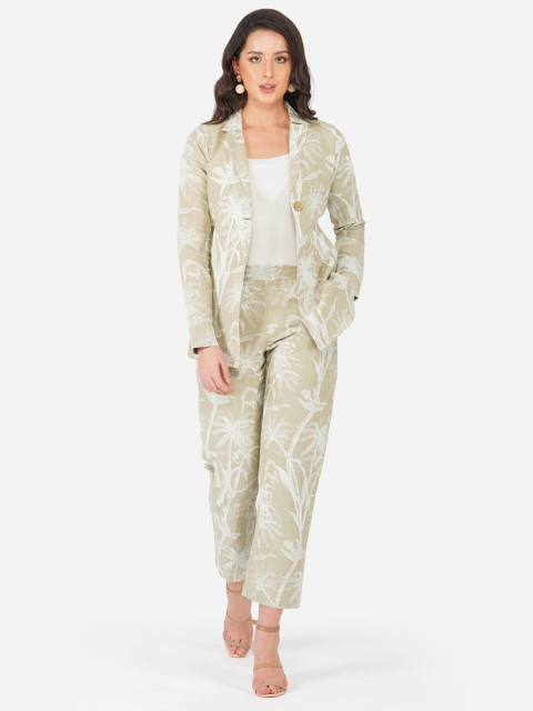 

FABNEST Women Khaki & White Printed Jacket With Trousers