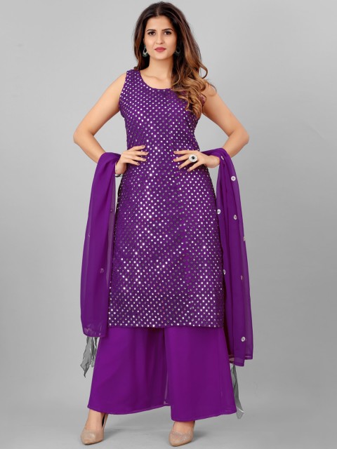 

SHOPGARB Women Purple Printed Chikankari Silk Georgette Kurta with Salwar & With Dupatta