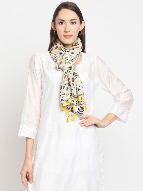 

Get Wrapped Ivory Printed Scarves with Tassels for Women, Off white