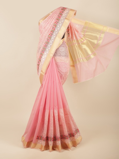 

Pothys Pink & White Ethnic Motifs Zari Saree