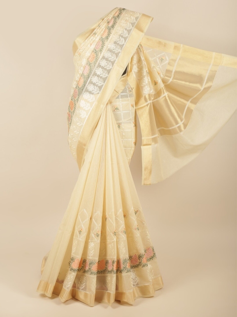 

Pothys Cream-Coloured & White Floral Zari Saree